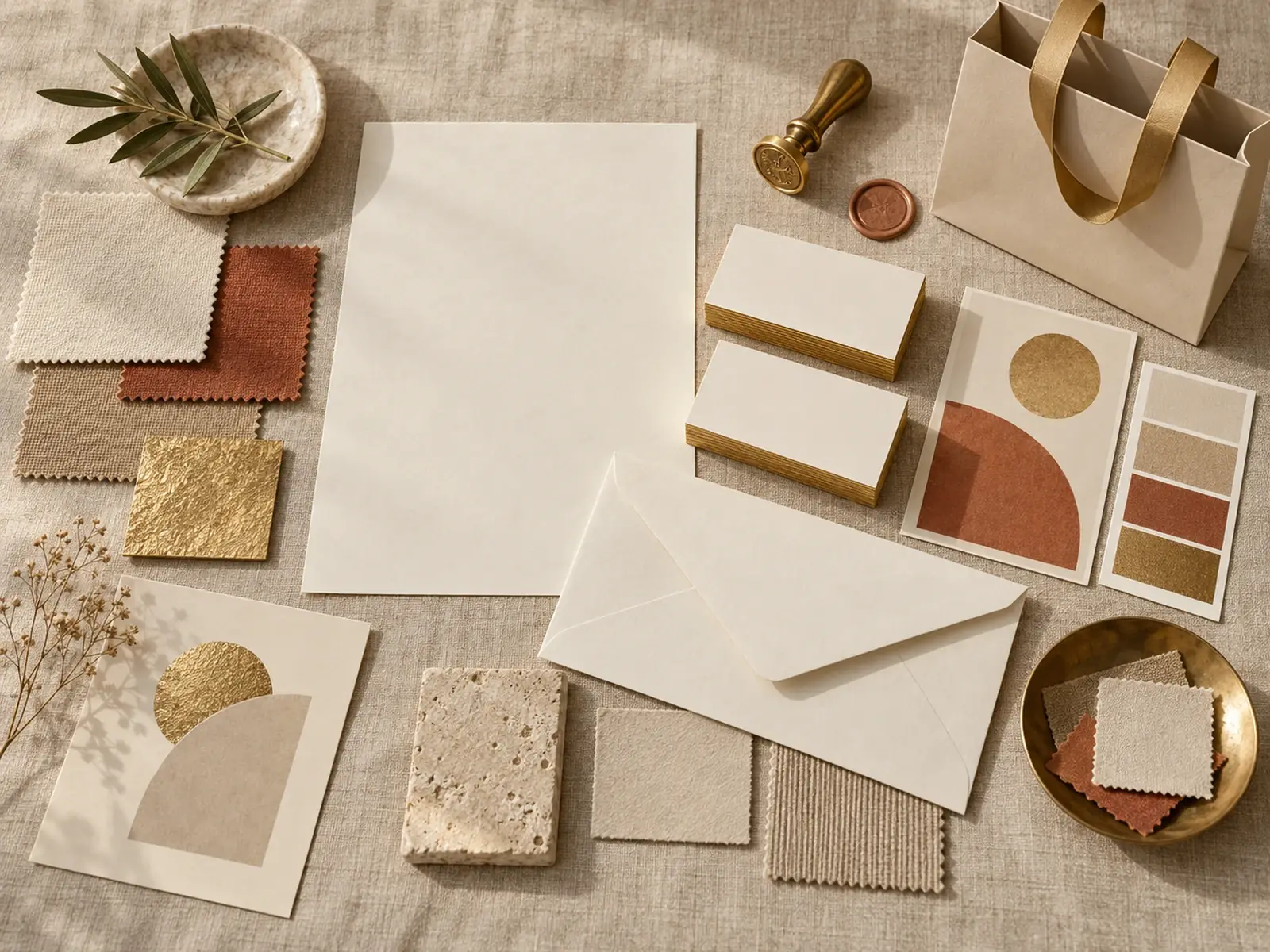 Corporate-Design-Elemente mit Visitenkarten, Briefpapier und Farbmustern