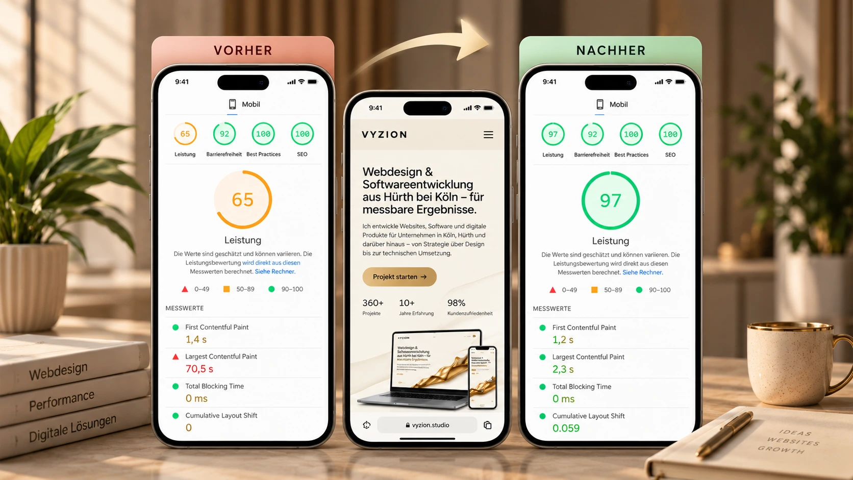 PageSpeed-Vergleich mobil: von 65 auf 97 Punkte