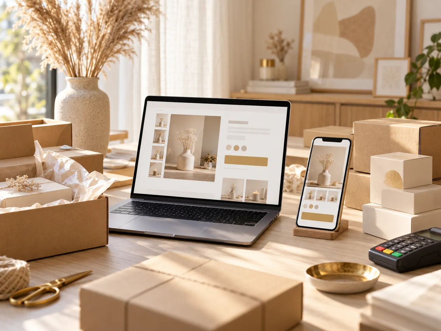 Onlineshop auf Laptop und Smartphone neben verpackten Bestellungen