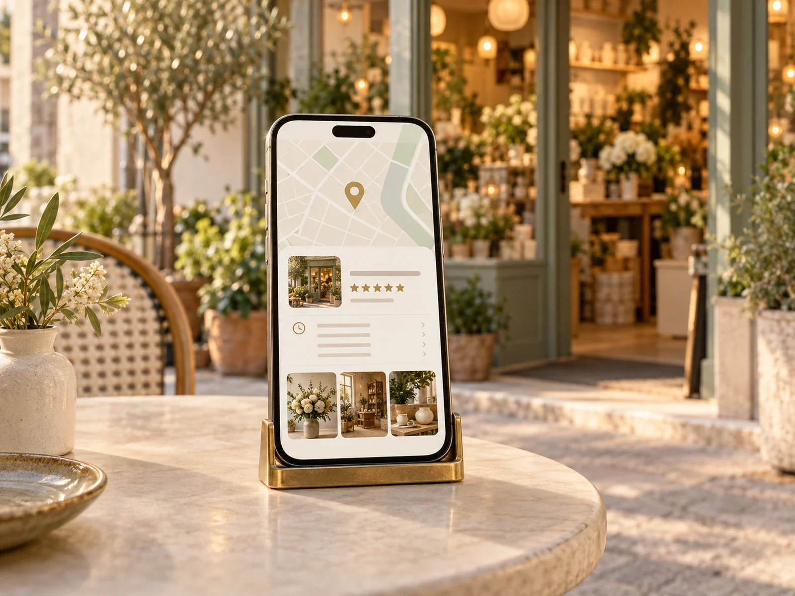 Smartphone mit Kartenansicht und Unternehmensprofil vor einem Ladengeschäft