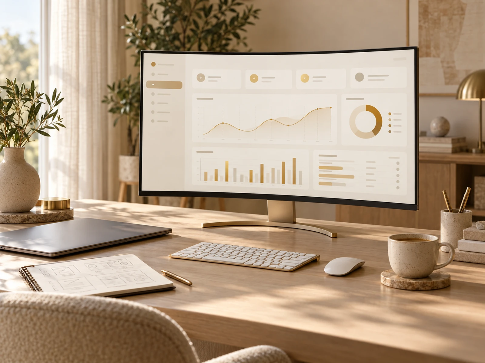 SaaS-Dashboard auf einem Monitor in einem hellen Arbeitsbereich