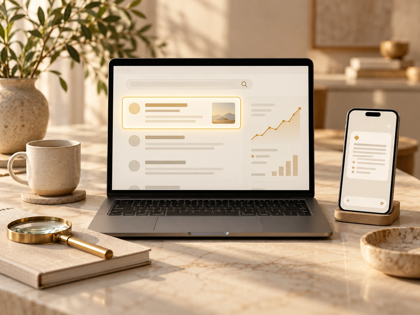 Suchergebnis und steigende Analytics-Kurve auf einem Laptop