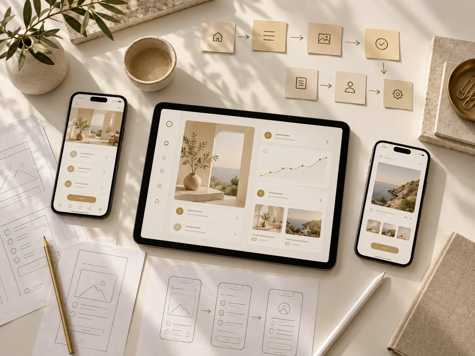 App-Entwürfe auf Tablet und Smartphones mit Wireframe-Skizzen